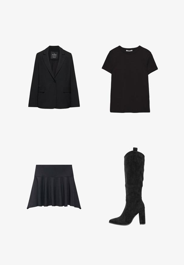 Sort skræddersyet blazer med enkeltknaplukning, skrå kraver og klaplommer, mærket Pull&Bear, vist på en hvid baggrund.; Sort kortærmet t-shirt i bomuld med rund halsudskæring, standard pasform og synlig indvendig halsmærkat.; Mango A-snit nederdel - grey; Knæhøje sorte støvler i ruskind med spids tå, tyk blokhæl og syninger på siderne. Træksnor øverst for nem påtagning.