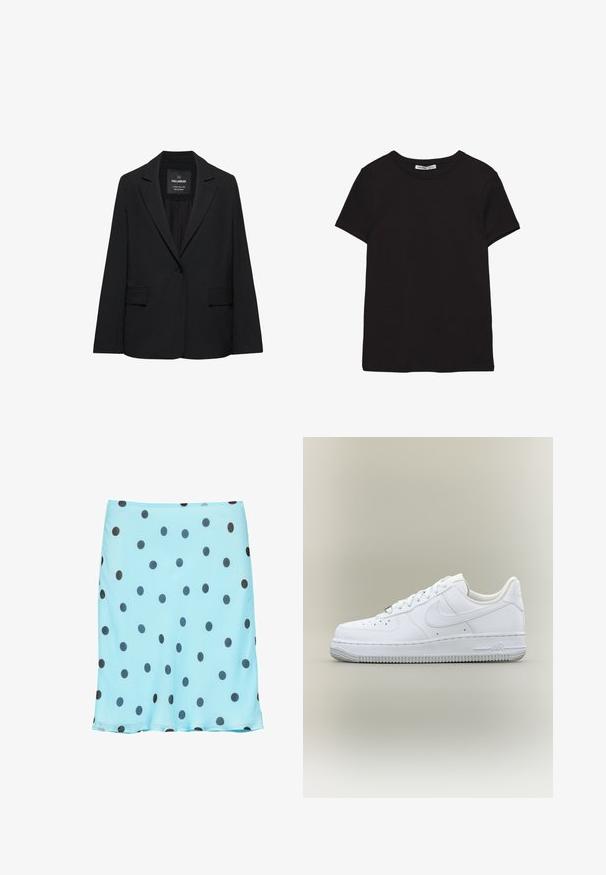 Zwart op maat gemaakte blazer met een enkele knoopsluiting, notch-revers en klepzakken, gelabeld Pull&Bear, weergegeven tegen een witte achtergrond.; Zwart katoenen T-shirt met korte mouwen, ronde hals, standaard pasvorm en zichtbaar binnenlabel in de nek.; Lichtblauwe knielange rok met gelijkmatig verdeelde grote zwarte polkadotten en een licht uitlopende zoom.; Witte lage Nike Air Force 1 sneaker met veters, geperforeerde neus en gestructureerde rubberen zool op neutrale achtergrond.