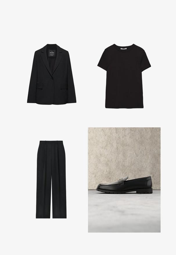Sort skræddersyet blazer med enkeltknaplukning, skrå kraver og klaplommer, mærket Pull&Bear, vist på en hvid baggrund.; Sort kortærmet t-shirt i bomuld med rund halsudskæring, standard pasform og synlig indvendig halsmærkat.; Sorte bredbenede bukser med høj talje, der har skarpe folder og en glat overflade, lavet af et let, flydende stof.; Sorte læder loafers med en hævet søm, guld accentlogo og tekstureret rem. Har en tykk, holdbar gummisål.