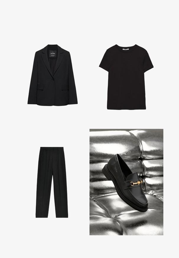 Sort skræddersyet blazer med enkeltknaplukning, skrå kraver og klaplommer, mærket Pull&Bear, vist på en hvid baggrund.; Sort kortærmet t-shirt i bomuld med rund halsudskæring, standard pasform og synlig indvendig halsmærkat.; Sorte, højtaljede bukser med lige ben-design, der har plisseringer og sidelommer, lavet af et letvægtsstof.; Sorte læder loafers med en guldfarvet hardware detalje. Skoen har et elegant design og en glat, skinnende overflade.