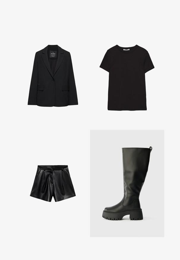 Sort skræddersyet blazer med enkeltknaplukning, skrå kraver og klaplommer, mærket Pull&Bear, vist på en hvid baggrund.; Sort kortærmet t-shirt i bomuld med rund halsudskæring, standard pasform og synlig indvendig halsmærkat.; Højtaljede shorts i sort kunstlæder med sidelommer, frontfolder, bæltestropper og en skjult lynlåslukning foran.; Knæhøje sorte gummistøvler med en kraftig sål, glat overflade og en slip-on rem bagpå for nem påtagning. Rund tå-design.