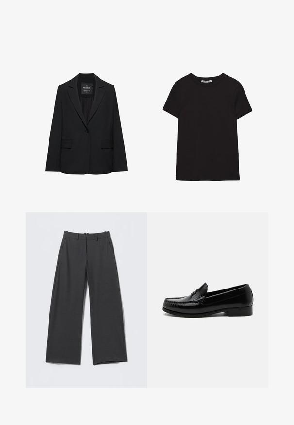 Blazer noir sur mesure avec fermeture à un bouton, revers crantés et poches à rabat, étiquette Pull&Bear, présenté sur fond blanc.; T-shirt noir en coton à manches courtes avec encolure ronde, coupe standard et étiquette intérieure visible au niveau du col.; Pantalon gris foncé à jambes larges avec fines rayures verticales, passants de ceinture, poches latérales et fermeture éclair à l'avant.; Mocassin penny en cuir noir avec talon bas, coutures moc toe et design classique à enfiler sur fond blanc.