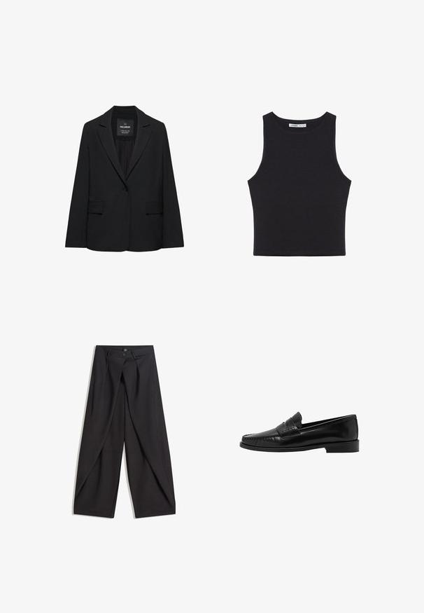 Zwart op maat gemaakte blazer met een enkele knoopsluiting, notch-revers en klepzakken, gelabeld Pull&Bear, weergegeven tegen een witte achtergrond.; Zwart mouwloos cropped tanktop met ronde halslijn, rechte zoom en een klein merkembleem aan de binnenkant van de kraag.; Zwarte wijde broek met plooien aan de voorkant, twee knopen aan de tailleband en schuine zijzakken, plat weergegeven op een witte achtergrond.; Mango Instappers - black
