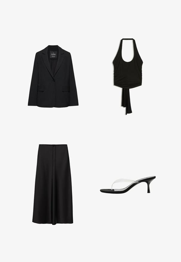 Sort skræddersyet blazer med enkeltknaplukning, skrå kraver og klaplommer, mærket Pull&Bear, vist på en hvid baggrund.; Sort ærmeløs haltertop med dyb scoop-udskæring og lange stofbind fra kanten på en hvid baggrund.; Lang sort nederdel med en glat tekstur, der har en tynd snor i taljen og et flydende, let udvidet design.; Sort kitten-hæl sandal med bred klar tårem og snørretå på hvid baggrund.