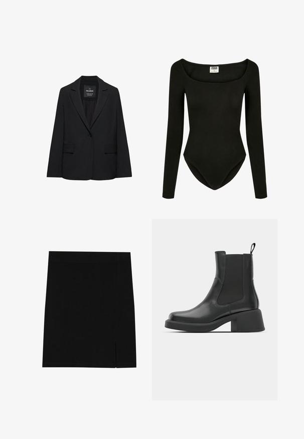 Blazer noir sur mesure avec fermeture à un bouton, revers crantés et poches à rabat, étiquette Pull&Bear, présenté sur fond blanc.; Bodysuit noir à manches longues fabriqué en tissu extensible, avec un décolleté arrondi et une coupe ajustée avec un bas incurvé pour un look sans couture.; Mini-jupe noire en tissu doux avec une coupe ajustée, présentant une légère fente sur le côté pour plus de style.; Bottines en cuir noir avec des panneaux élastiques sur les côtés, un bout rond et un talon épais. Texture lisse avec un design minimaliste.