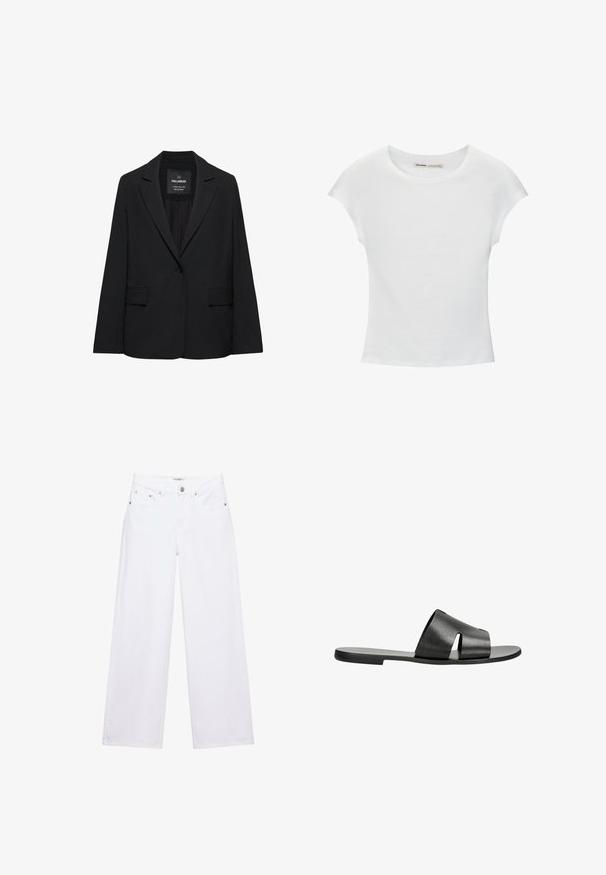 Blazer noir sur mesure avec fermeture à un bouton, revers crantés et poches à rabat, étiquette Pull&Bear, présenté sur fond blanc.; T-shirt en coton blanc avec manches courtes retroussées, encolure ronde et ourlet droit. Texture lisse sans motifs ni accents visibles.; Jean blanc taille haute à jambes larges avec fermeture à boutons et zip, poches avant et arrière, et détails en rivets argentés.; Sandales en cuir noir avec une large bride à motif découpé, semelle plate et texture lisse, adaptées pour un usage décontracté.