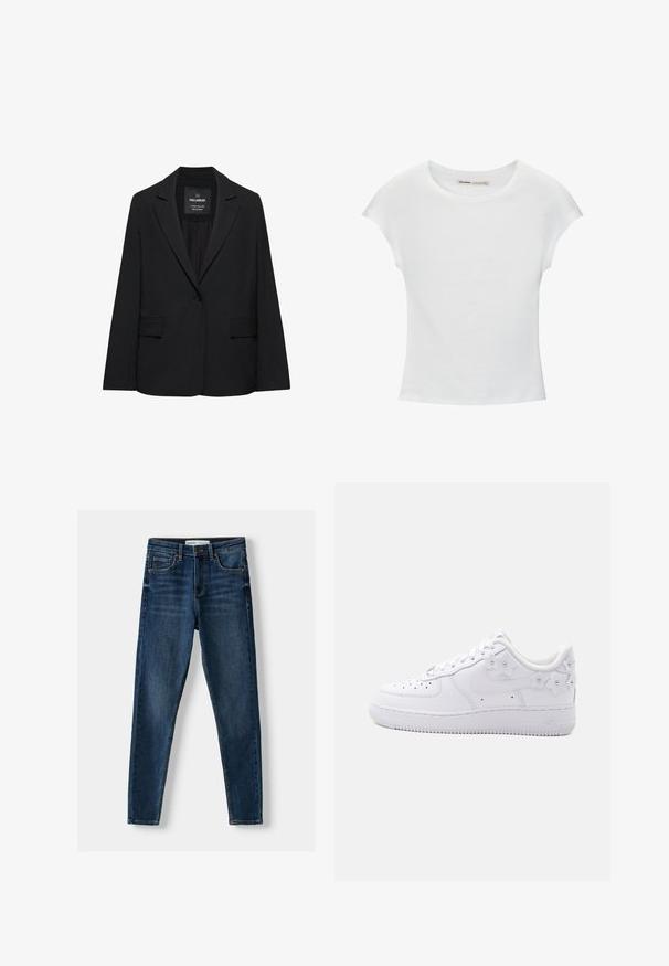 Zwart op maat gemaakte blazer met een enkele knoopsluiting, notch-revers en klepzakken, gelabeld Pull&Bear, weergegeven tegen een witte achtergrond.; Witte katoenen T-shirt met korte, opgerolde mouwen, een ronde halslijn en een rechte zoom. Gladde textuur zonder zichtbare patronen of accenten.; Donkerblauwe denim skinny jeans met een klassiek vijf-pocket ontwerp, versterkte stiksels en een knoopsluiting. Gladde textuur, geen patronen.; Witte lage sneaker met geperforeerde neus, Nike-logo en decoratieve witte bloemmotieven op de hiel en zijkant.