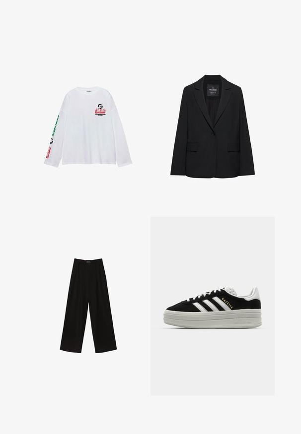 Blazer noir sur mesure avec fermeture à un bouton, revers crantés et poches à rabat, étiquette Pull&Bear, présenté sur fond blanc.; T-shirt blanc à manches longues avec imprimés graphiques en noir, rouge et vert. Coupe décontractée avec un col rond et des poignets côtelés.; Pantalons larges noirs à taille haute, dotés d'une ceinture à la taille et de plis pour ajouter de la texture. Fabriqués dans un tissu lisse et léger.; Baskets en daim noir avec des accents en cuir blanc, trois rayures blanches, lacets plats et une semelle épaisse en gris. Marquage doré "Gazelle".