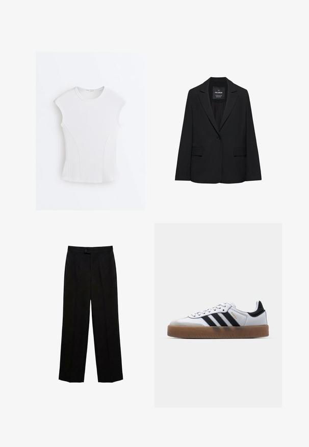 Sort skræddersyet blazer med enkeltknaplukning, skrå kraver og klaplommer, mærket Pull&Bear, vist på en hvid baggrund.; Hvid ribstrikket ærmeløs top med rund halsudskæring og buede sømdetaljer på en flad hvid baggrund.; Sorte bukser med lige ben, knap og lynlås, høj talje og forreste pressede folder.; Hvide lædersneakers med sorte striber, gummirubber sål, rund tå, snørelukning og blød grå ruskinds tåhætte.