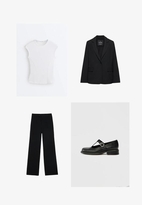 Zwart op maat gemaakte blazer met een enkele knoopsluiting, notch-revers en klepzakken, gelabeld Pull&Bear, weergegeven tegen een witte achtergrond.; Witte geribde mouwloze top met ronde halslijn en gebogen naaddetails op een effen witte achtergrond.; Zwarte wijde broek van gladde stof, met een ritssluiting aan de voorkant en twee plooien voor extra detail. Over het geheel een nauwkeurige pasvorm.; Zwarte leren Mary Jane schoen met een ronde neus, T-band ontwerp, verstelbare gesp en een laag gestapeld hakje. Gladde textuur met minimale details.