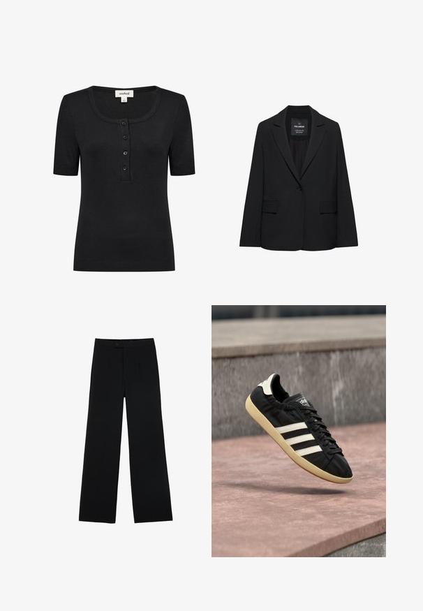 Zwart op maat gemaakte blazer met een enkele knoopsluiting, notch-revers en klepzakken, gelabeld Pull&Bear, weergegeven tegen een witte achtergrond.; Zwarte korte mouw top met een ronde hals, geribbelde textuur en een placket met vier knopen. Materialen en stikseldetails zijn zichtbaar.; Zwarte wijde broek van gladde stof, met een ritssluiting aan de voorkant en twee plooien voor extra detail. Over het geheel een nauwkeurige pasvorm.; Zwarte Adidas sneaker met witte strepen en beige zool, vastgelegd in de lucht boven een stenen oppervlak en een stenen muur op de achtergrond.