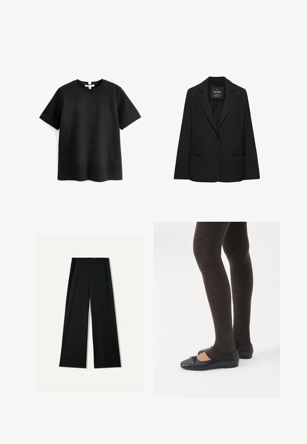 Musta räätälöity bleiseri, jossa on yksittäinen napitus, lovitut kaulukset ja läppätaskut, merkiltään Pull&Bear, esillä valkoisella taustalla.; Mustat lyhythihaiset t-paidat, jotka on valmistettu puuvillasta. Pyöreä kaula-aukko ja suora helma ilman näkyviä kuvioita tai grafiikoita. Pehmeä, sileä rakenne.; Bershka WIDE - Housut - black; Jalat, joissa tummat ribbineuleiset leggingsit yhdistettynä mustiin balettitossuihin, joissa on pienet rusettikoristeet valkoisella taustalla.