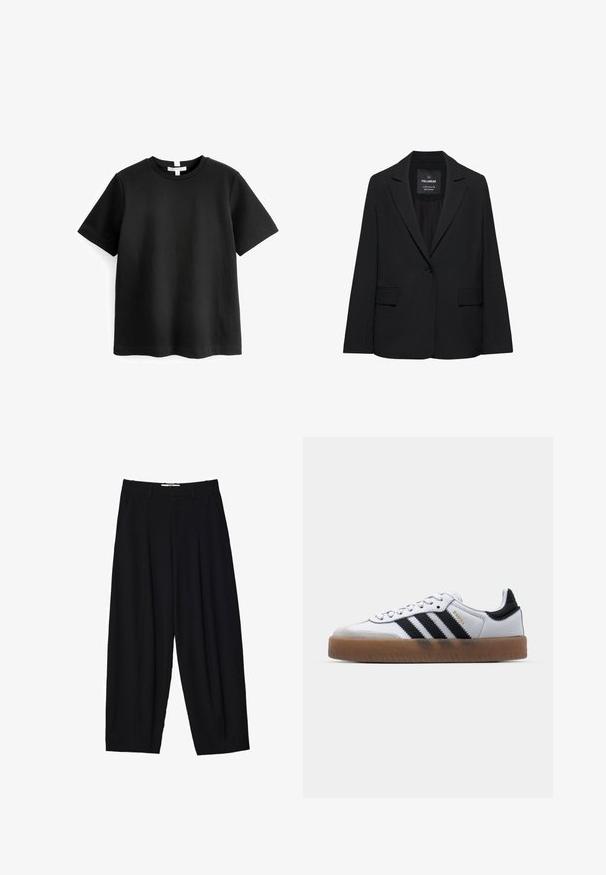 Čierne sako na mieru s jedným gombíkom, výrezmi na klopách a klopovými vreckami, označené značkou Pull&Bear, zobrazené na bielom pozadí.; Čierne tričko s krátkym rukávom vyrobené z bavlny. Okrúhly výstrih s rovým lemom a bez viditeľných vzorov alebo grafiky. Mäkka, hladká textúra.; Čierne nohavice širokého strihu z ľahkej textílie, s prednými skladmi, klasickým pásom a bočnými vreckami. Hladká textúra.; Biele kožené tenisky s čiernymi pruhmi, gumová podrážka, okrúhla špička, šnurovanie a mäkký sivý semišový špička.
