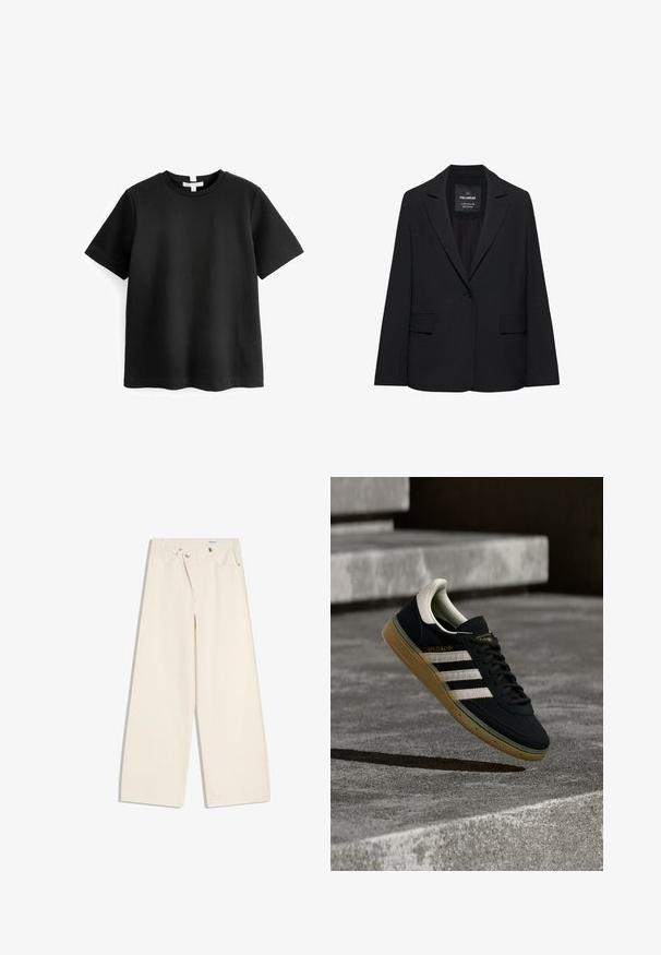 Schwarzer taillierter Blazer mit Ein-Knopf-Verschluss, Revers mit Kerbe und Pattentaschen, mit dem Etikett Pull&Bear, auf weißem Hintergrund dargestellt.; Schwarzes kurzärmeliges T-Shirt aus Baumwolle. Rundhalsausschnitt mit geradem Saum und ohne sichtbare Muster oder Grafiken. Weiche, glatte Textur.; Off-White weite Hosen mit Vordertaschen, Gürtelschlaufen und silbernen Knöpfen an Bund und Taschenrändern.; Schwarzer Sneaker aus Wildleder mit weißen Streifen und goldenem Logo, ausgestattet mit einer strukturierten Gummisohle in Kaugummifarben und einer kontrastierenden cremefarbenen Fersenschlaufe.