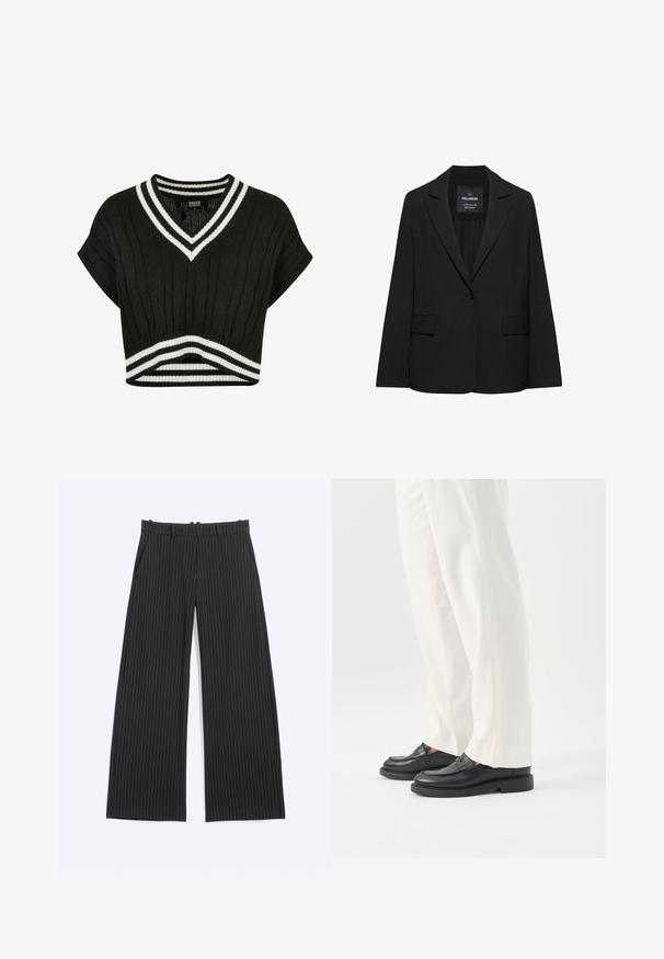 Sort skræddersyet blazer med enkeltknaplukning, skrå kraver og klaplommer, mærket Pull&Bear, vist på en hvid baggrund.; Sort cropped sweater med v-hals, kabelstrikket tekstur, korte ærmer og dobbelte hvide striber ved kraven og kanten.; Sorte vidde bukser med tynde hvide nålestriber, bæltestropper, forlommer og en skjult lukning foran.; Person iført hvide skræddersyede bukser og sorte læder loafers stående på hvid baggrund.