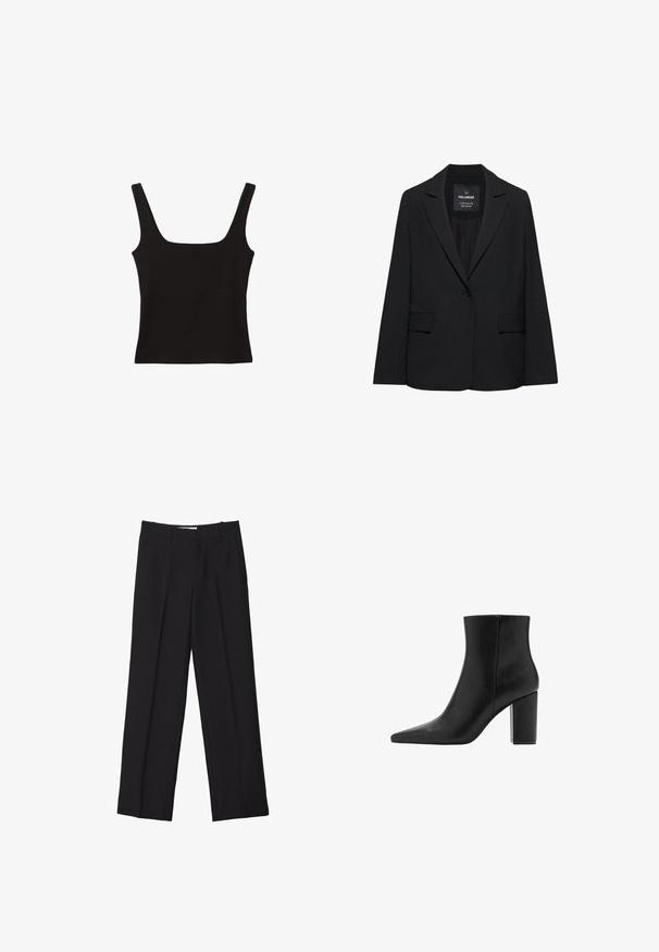 Blazer noir sur mesure avec fermeture à un bouton, revers crantés et poches à rabat, étiquette Pull&Bear, présenté sur fond blanc.; Top noir sans manches avec un décolleté carré, fabriqué en coton lisse, doté de bretelles épaisses et d'une silhouette ajustée.; Pantalons noir sur mesure avec une coupe droite, présentant des plis doubles, une texture lisse et des détails de couture frontale subtils.; Bottines en cuir noir avec un bout pointu et un talon bloc. Texture lisse et design minimaliste, avec une tige de hauteur moyenne.