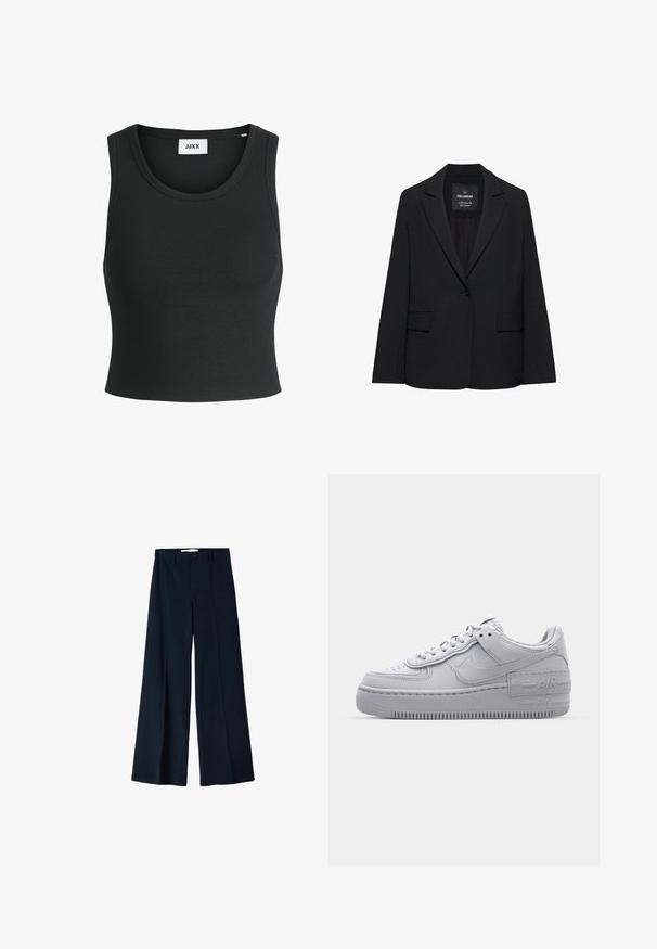 Sort skræddersyet blazer med enkeltknaplukning, skrå kraver og klaplommer, mærket Pull&Bear, vist på en hvid baggrund.; Sort ribbet tanktop med rund halsudskæring og ærmeløs design; lavet af et blødt, strækbart stof for komfort og pasform.; Marineblå bredbensbukser lavet af et glat stof, med to frontfoldninger og en enkelt knaplukning i taljen.; Grå Nike Air Force 1 sneakers med perforeret tå, glat læderoverdel, tyk sål og præget 'AIR' detalje på hælen.