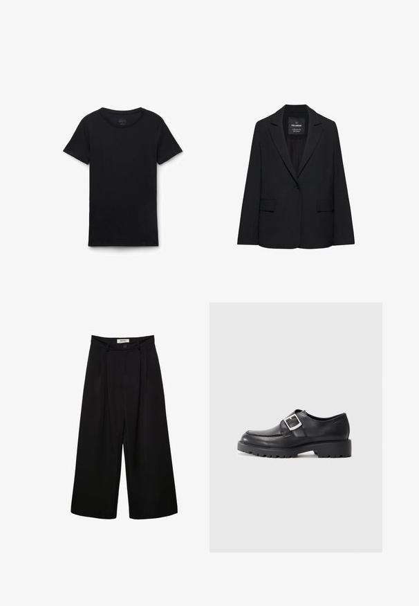 Sort skræddersyet blazer med enkeltknaplukning, skrå kraver og klaplommer, mærket Pull&Bear, vist på en hvid baggrund.; Sort t-shirt med korte ærmer og rund hals lagt fladt på hvid baggrund, der viser forfra og glat stoftekstur.; Sorte bukser med vide ben og høj talje, med forreste læg, to sidelommer og knaplukning. Glat stoftekstur.; Sorte lædersko med en rund tå, der har en sidebuckle-detalje og en tyk, robust sål. Glat tekstur med minimal syning.