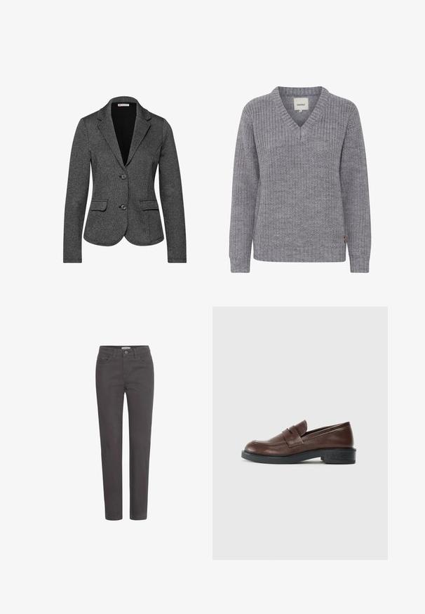 Blazer a medida gris con tela texturizada, dos bolsillos delanteros, solapas con muesca y cierre de un botón. Presenta un forro negro.; Suéter gris de punto con escote en V, con puños y dobladillo acanalados, tejido texturizado y una pequeña etiqueta de marca en la parte inferior derecha.; Pantalones de mezclilla gris oscuro con piernas rectas, bolsillos frontales y cierre de botón. El material tiene una textura suave y acentos mínimos de herrajes.; Mocasines de cuero marrón con punta redondeada, que presentan una cinta decorativa en la parte superior y un tacón bajo de goma negra texturizada.