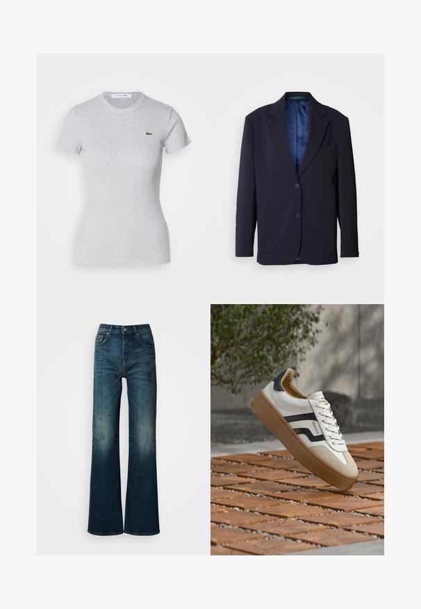 Sinine bleiser, mis on valmistatud siledast kangast, kahe esikohaga, kahe nupuga ja sinise satiinvoodriga. Minimalistlik disain, millel on lõigatud kraed.; Heledad tumehall t-särk lühikeste varrukatega, ringikaelusega ning vasakul rinnaosal on väike roheline Lacoste krokodillilogo.; Tumedatest denimist laiad jalad, millel on pleekinud pesu ja peened kortsud, klassikaline viie-tasku disain ning nööbiga kinnitamine vööl.; Valge toss mustade detailide ja beež seemisnahaga, millel on tekstureeritud kummist tald ja paeltega kinnituse disain. Brändi logo on nähtav külje peal.