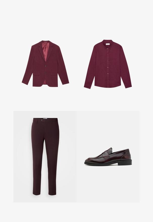 Bordeaux blazer med en glat overflade, enkeltradet design, to frontlommer og satinforing i en lysere nuance.; Langærmet skjorte i dyb bourgogne, lavet af bomuldsblanding. Har klassisk krave, frontknaplukning og en subtil glans.; Mørkeburgunder bukser med slim fit, der har knaplukning, bæltestropper og frontfolder. Glat stof med et glat design.; Bordeaux læder loafers med en glat finish, rektangulær frontdetalje og en afrundet tå, med en sort gummisål.