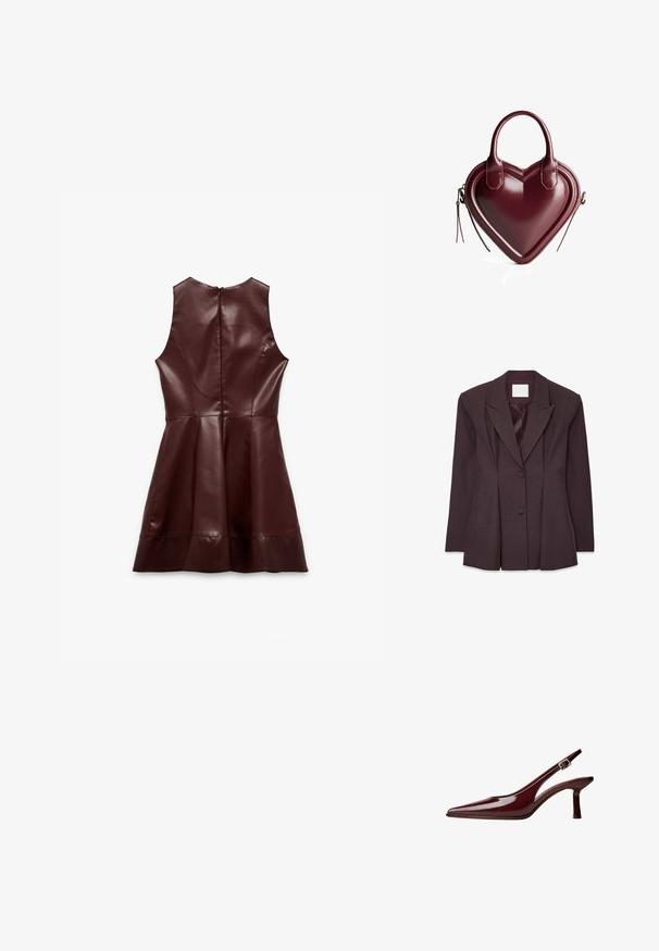 Brun skræddersyet blazer med skarpe klapper, to knapper og en struktureret silhuet. Glat stof med satinfor, der forbedrer det elegante design.; Brun kunstlæderkjole med fitted liv, svajet skørt, uden ærmer og en lynlåslukning bagpå. Glat tekstur og minimal syning.; Kastanjefarvet patentlæder slingback-pump med spids tå, mellemhøj kittenhæl og sølv spænde på hvid baggrund.; Hjerteformet taske i bordeaux læder med en glat tekstur, to korte håndtag og en lynlåslukning med en frynseaccent.