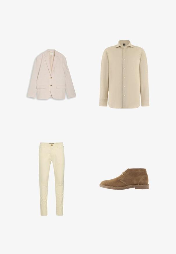 Blazer beige de hombre con solapas con muesca, dos botones marrones, bolsillos con solapa y bolsillo en el pecho, colocado plano sobre fondo blanco.; Camisa beige de manga larga con botones, cuello puntiagudo, tela texturizada y puños estándar, mostrada sobre un fondo blanco.; Chinos de algodón beige con un corte slim, que cuentan con un cierre de botón y un detalle de costura sutil en los bolsillos. Textura suave con un acabado pulido.; Zapato casual marrón de ante hasta el tobillo con dos ojales para cordones y suela cosida sobre fondo blanco, vista lateral.