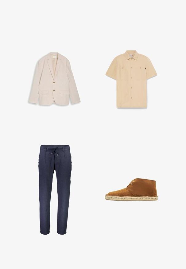 Beiger Herrenblazer mit Kerbkragen, zwei braunen Knöpfen, Pattentaschen und Brusttasche, flach auf weißem Hintergrund liegend.; Beige kurzärmliges Hemd mit Knöpfen, zwei Brusttaschen und Kragen, Timberland-Label im Krageninneren und kleinem schwarzem Seitenschild.; Marineblaue, taillierte Hose aus strukturiertem Stoff, mit einem elastischen Taillenbund, verstellbarem Kordelzug und seitlichen Taschen.; Braune Wildleder-Stiefeletten mit einer abgerundeten Spitze und einer Sohle aus Jute-Seil. Sie verfügen über ein Schnürdesign und eine glatte Textur, ideal für die Freizeit.