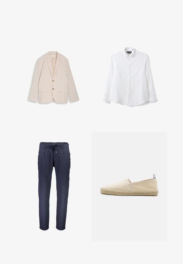 Beiger Herrenblazer mit Kerbkragen, zwei braunen Knöpfen, Pattentaschen und Brusttasche, flach auf weißem Hintergrund liegend.; Langärmliges weißes Hemd mit Knöpfen und Kragen, flach liegend mit zugeknöpften Knöpfen vor einem schlichten weißen Hintergrund dargestellt.; Marineblaue, taillierte Hose aus strukturiertem Stoff, mit einem elastischen Taillenbund, verstellbarem Kordelzug und seitlichen Taschen.; Beige Leinensandale mit runder Zehenform, geflochtener Jutesohle und einem kleinen roten und blauen Akzent an der Ferse. Leicht und ohne Verschluss.