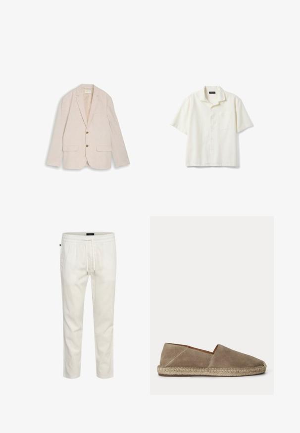 Blazer beige de hombre con solapas con muesca, dos botones marrones, bolsillos con solapa y bolsillo en el pecho, colocado plano sobre fondo blanco.; Camisa crema de manga corta con botones, cuello y bolsillo en el pecho, mostrada plana sobre fondo blanco.; Joggers ligeros de algodón blanco con cintura elástica, cierre con cordón y un corte relajado. Textura suave sin patrones ni acentos.; Zapato espadrille de ante beige con suela de yute trenzado y puntera cerrada y redondeada, mostrado de lado sobre un fondo liso.