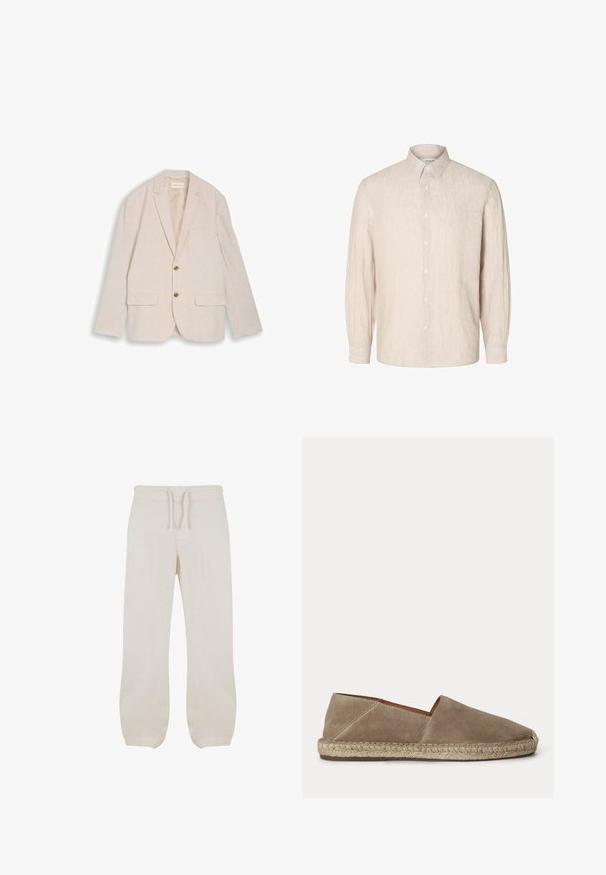 Beige herreblazer med hakkede revers, to brune knapper, klaplommer og brystlomme, lagt fladt på hvid baggrund.; Lys beige linned skjorte med knapkrave, lange ærmer og lige snit. Har frontknaplukning og diskret struktur.; Lyse beige linned bukser med elastisk talje og snor. Lige ben-design med en glat tekstur og let indsnævring ved anklerne.; Beige ruskind espadrille sko med flettet juttesål og lukket rundet tå, vist fra siden på en ensfarvet baggrund.