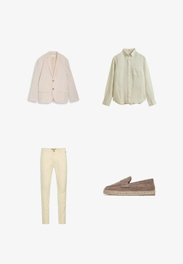 Blazer beige de hombre con solapas con muesca, dos botones marrones, bolsillos con solapa y bolsillo en el pecho, colocado plano sobre fondo blanco.; Camisa beige de manga larga con botones, cuello abotonado y un solo bolsillo en el pecho, mostrada sobre un fondo blanco.; Chinos de algodón beige con un corte slim, que cuentan con un cierre de botón y un detalle de costura sutil en los bolsillos. Textura suave con un acabado pulido.; FRED MARTIN COLLECTION MARBELLA - Alpargatas - taupe suede