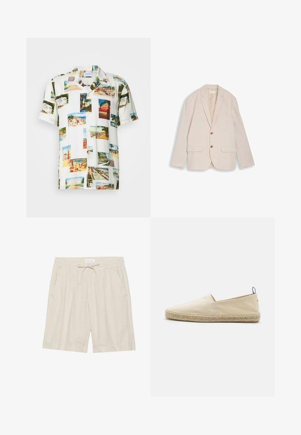 Blazer beige de hombre con solapas con muesca, dos botones marrones, bolsillos con solapa y bolsillo en el pecho, colocado plano sobre fondo blanco.; Camisa blanca de manga corta que presenta un collage de fotografías de paisajes tropicales en varios colores. Tejido ligero, cierre frontal de botones y ajuste relajado.; Shorts de lino beige con cintura elástica, cordón ajustable y bolsillos laterales. Ajuste holgado con pierna recta y dobladillo vuelto.; Espadrilles de lona beige con puntera redondeada, suela de yute trenzado y un pequeño acento rojo y azul en el talón. Ligeras y sin cierre.