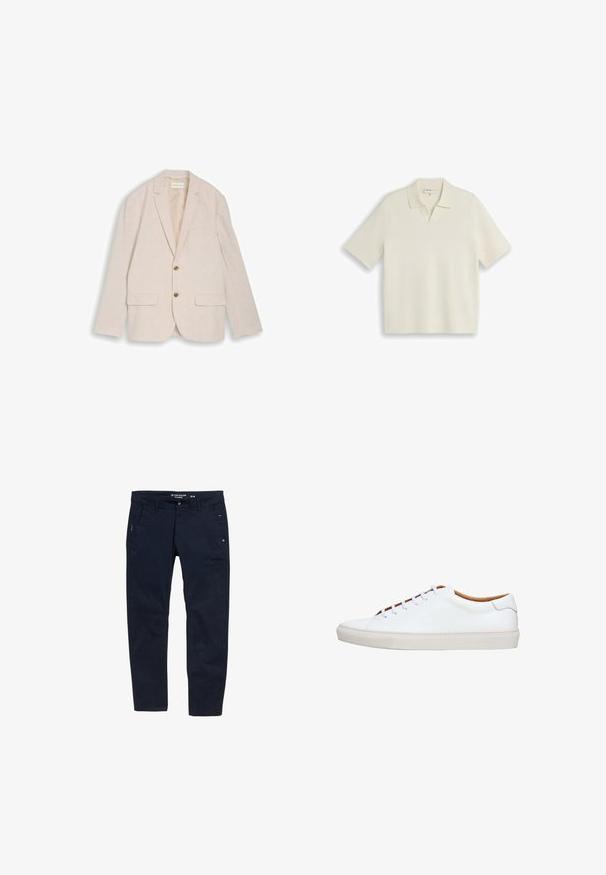 Beige herenblazer met inkepingskraag, twee bruine knopen, klepzakken en een borstzak, plat liggend op een witte achtergrond.; Korte mouwen crème gebreide polo met een ontspannen kraag en geribde zoom en manchetten, weergegeven op een witte achtergrond.; Navyblauwe broek van katoen met een rechte pasvorm. Voorzien van twee zijzakken en een knoopsluiting. Minimalistisch ontwerp met subtiele accenten.; Witte leren sneaker met een gerookte rubberen zool, ronde neus en contrasterende beige binnenkant. Voorzien van vijf veterogen en witte veters.