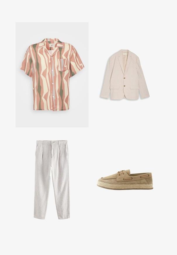 Beige herenblazer met inkepingskraag, twee bruine knopen, klepzakken en een borstzak, plat liggend op een witte achtergrond.; Korte mouwen overhemd met een lichtroze, beige en groene zigzagpatroon; inclusief een enkele borstzak en witte knopen.; Lichtbeige linnen broek met knoop- en trekkoordsluiting, zijzakken en een relaxte rechte pasvorm.; Beige suède bootschoen met zijden veters en gevlochten jute plateauzool, gezien vanaf de buitenkant op een witte achtergrond.