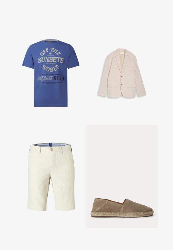 Beige herenblazer met inkepingskraag, twee bruine knopen, klepzakken en een borstzak, plat liggend op een witte achtergrond.; Blauwe T-shirt met korte mouwen, gemaakt van katoen, met geprinte tekst in crème en zwart, inclusief "OFF THE SUNSETS" en "OCEAN BLVD."; Beige herenkorte broek tot op de knieën, casual, met riemlussen, een enkele knoopsluiting en een gestreept detail aan de binnenkant van de tailleband.; Beige suède espadrille met gevlochten jutezool en gesloten afgeronde neus, zijaanzicht op een effen achtergrond.