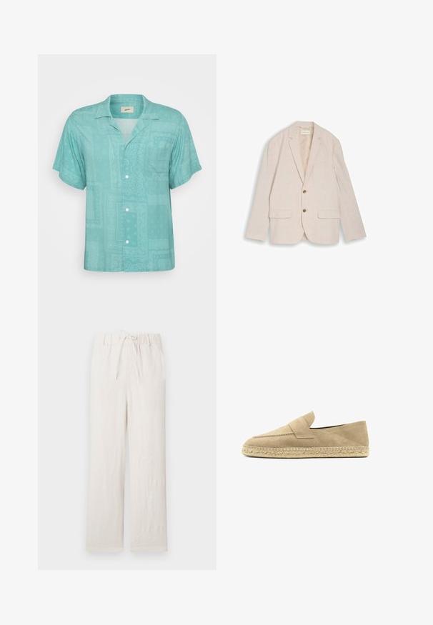 Beige herreblazer med hakkede revers, to brune knapper, klaplommer og brystlomme, lagt fladt på hvid baggrund.; Kortærmet skjorte med krave i lys teal stof, der har et subtilt mønster design med lapper og teksturer. En brystlomme.; Lys beige linned bukser med elastisk talje, snor, bred benpasform, glat tekstur og uden synlige mønstre eller metaldele.; Beige mokkasiner i ruskind med espadrille, med flettet jutesål og en syningsdetalje med rem over overdelen.