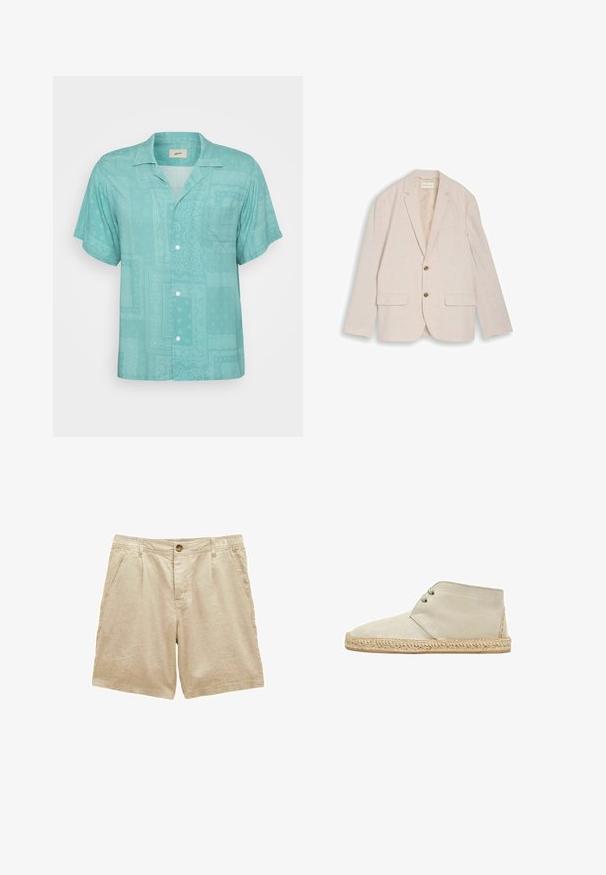 Beige herenblazer met inkepingskraag, twee bruine knopen, klepzakken en een borstzak, plat liggend op een witte achtergrond.; Korte mouwen, geknoopte overhemd in licht teal stof met een subtiele, patroondesign met stukken en texturen. Eén borstzak.; Beige katoenen shorts met knoop aan de voorkant, ritssluiting, lussen voor een riem en zijzakken, ontworpen voor casual gebruik.; Beige suède enkelboots met twee oogjes, geweven jute zool en oranje stiksels op de hak. Glad textuur en ronde neus.