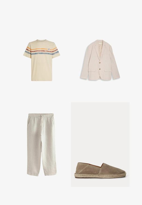 Beige herenblazer met inkepingskraag, twee bruine knopen, klepzakken en een borstzak, plat liggend op een witte achtergrond.; Crème katoenen t-shirt met horizontale strepen in oranje, rood en blauw. Korte mouwen, ronde halslijn en een klein logo detail op de borst.; Lichtbeige linnen broek met elastische tailleband, aantrekkoord, zijzakken en rechte pijpen.; Beige suède espadrille met gevlochten jutezool en gesloten afgeronde neus, zijaanzicht op een effen achtergrond.