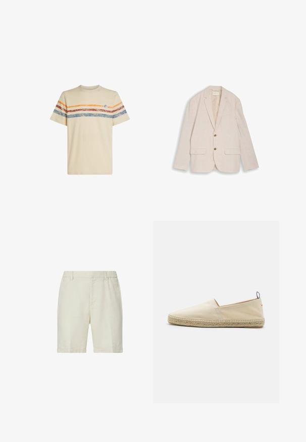 Beige herreblazer med hakkede revers, to brune knapper, klaplommer og brystlomme, lagt fladt på hvid baggrund.; Cremefarvet bomulds t-shirt med horisontale striber i orange, rød og blå. Korte ærmer, rund halsudskæring og lille logo-detail på brystet.; Beige knælange shorts med opbukket kant, elastisk talje bagpå, bæltestropper og forlommer i siden.; Beige canvas espadrille med rund tå, flettet jutesål og en lille rød og blå accent på hælen. Letvægtig uden lukning.