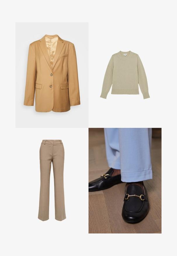 DESIGNERS REMIX EDMUND - Blejzer - trench; Béžový pletený sveter s okrúhlym výstrihom, rebrovaným lemom a manžetami. Trochu textúrovaná tkanina s vyšitými detailmi pozdĺž rukávov.; Béžové nohavice rovného strihu s pútkami na opasok a predným zipsom, zobrazené na bielom pozadí.; Čierne kožené mokasíny so zlatým kovovým detailom, nosené s svetlomodrými nohavicami na drevenej podlahe.