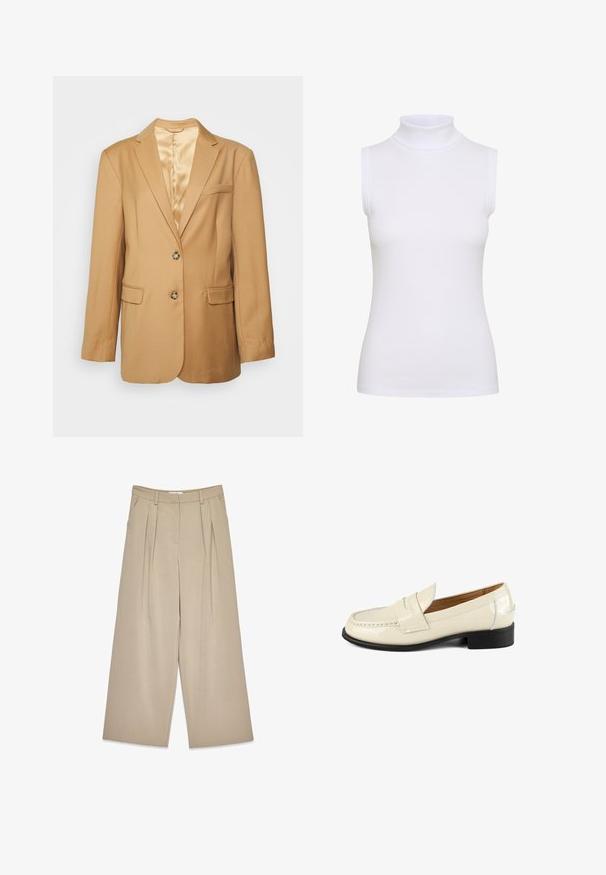 DESIGNERS REMIX EDMUND - Blazer - trench; Hvid ærmeløs turtleneck top i ribbet stof, med en tætsiddende design og glat tekstur, høj krave og ingen synlig hardware.; Beige viddebukser med frontfolder, sidelommer, bælteløkker og en skjult lukning foran.; Beige patent læder loafers med en rund tå og dekorative syninger. Har en lav sort hæl og slip-on design.