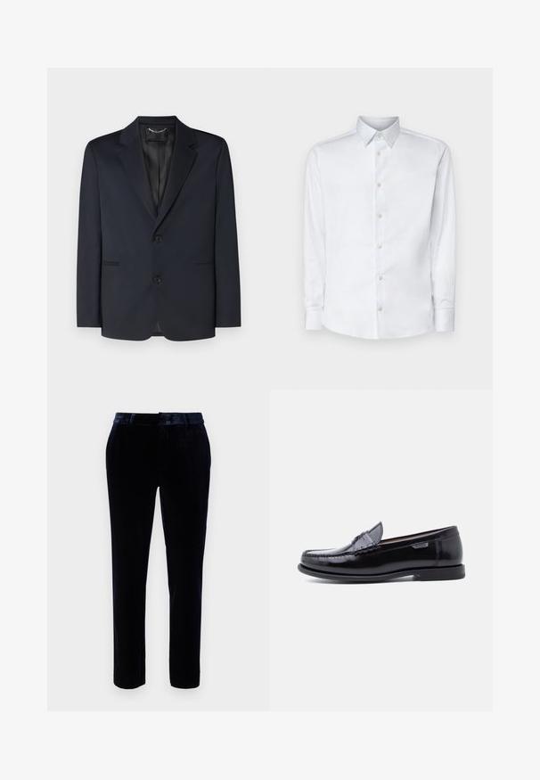 Blazer azul marino hecho de tela suave, con solapas de muesca, dos botones y bolsillos laterales con sutiles detalles de pliegue.; Camisa blanca de manga larga hecha de tela suave, con un cuello clásico, tapeta de botones y puños con botones, presentada sobre un fondo liso.; Pantalones de terciopelo azul oscuro con un frente plano, presillas para cinturón y un diseño ajustado. La textura suave y el brillo sutil mejoran la apariencia.; Mocasines de cuero negro con acabado brillante, que presentan un diseño cosido en la puntera y una suela baja de goma negra texturizada.