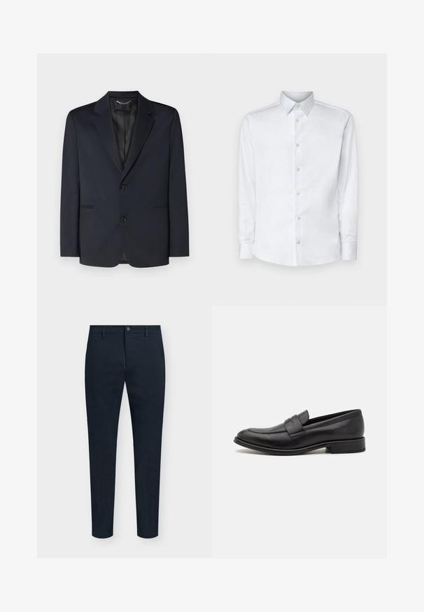 Marineblå blazer lavet af glat stof, med notched lapel, to knapper og sidelommer med diskret pressefolderdetalje.; Hvid langærmet skjorte lavet af glat stof, med en klassisk krave, knaplukning og manchetter med knapper, vist på en ensfarvet baggrund.; Marineblå, slim fit herrebukser med frontknap og lynlås, bæltestropper og minimalistisk design.; Sort læderloafer med en glat finish, en dekorativ rem over vristen, rund tå og en lav stablet hæl.