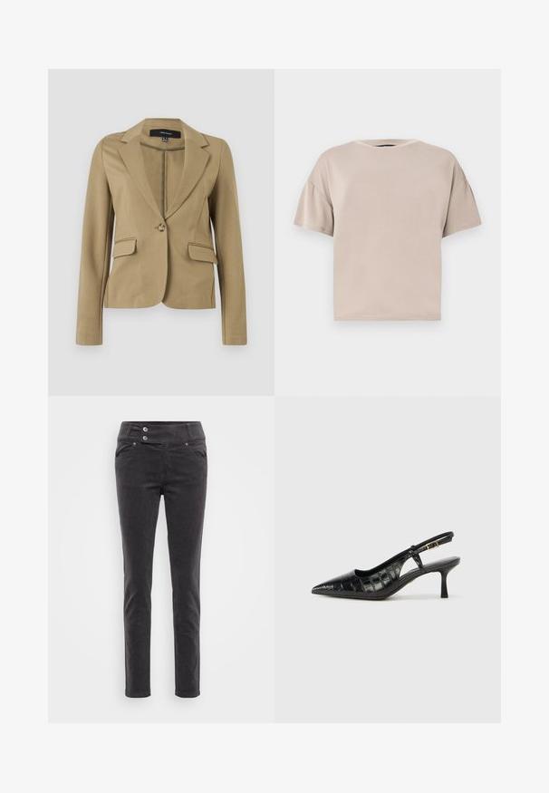 Blazer beige sur mesure à manches longues, col à revers, fermeture à un bouton et deux poches à rabat, présenté sur un fond uni.; T-shirt beige en coton, à manches courtes, oversize, avec col rond et ourlet droit, sur un fond clair uni.; Pantalons slim-fit en velours côtelé noir avec une texture lisse, dotés d'une taille à double bouton et de poches avant. Design classique pour un port polyvalent.; Escarpins noirs à bride arrière avec un bout pointu et un motif texturé en cuir crocodile embossé. Comprend une fine bride de cheville et un petit talon.