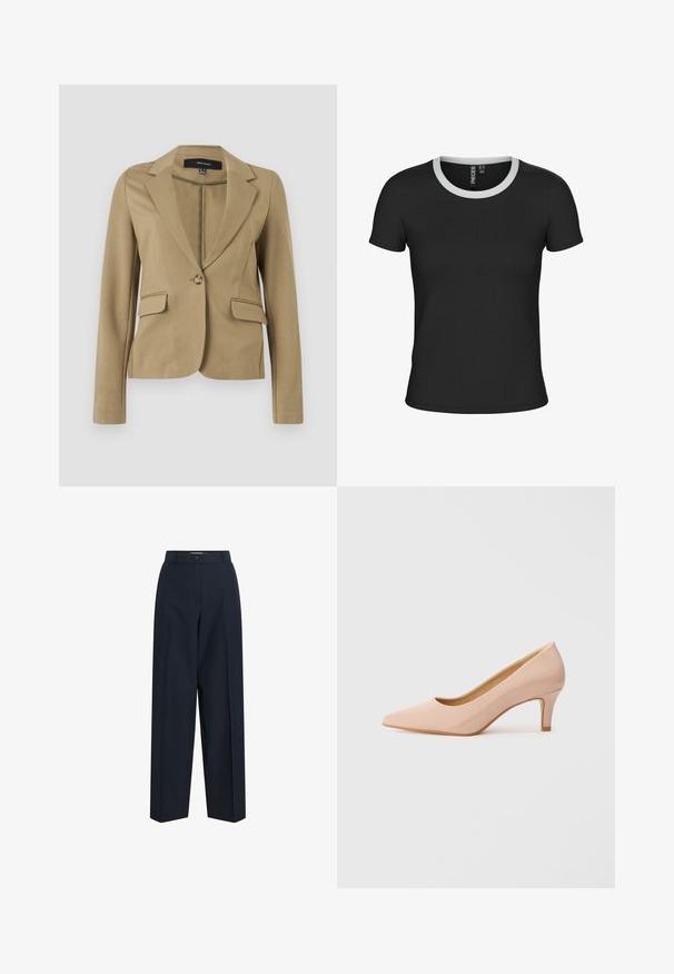 Beige op maat gemaakte blazer met lange mouwen, reverskraag, enkele knoopsluiting en twee klepzakken, getoond op een effen achtergrond.; Zwarte ribben t-shirt met korte mouwen en een witte ronde halslijn. De stof is glad en rekbaar, ontworpen voor een aansluitende pasvorm.; Marineblauwe op maat gemaakte broek met rechte pijpen, riemlussen en een enkele knoopsluiting in de taille.; Puntige, gepatenteerde roze hoge hak met een lage hak, met een gladde, glanzende afwerking en een subtiele open V-vormige snit aan de voorkant.