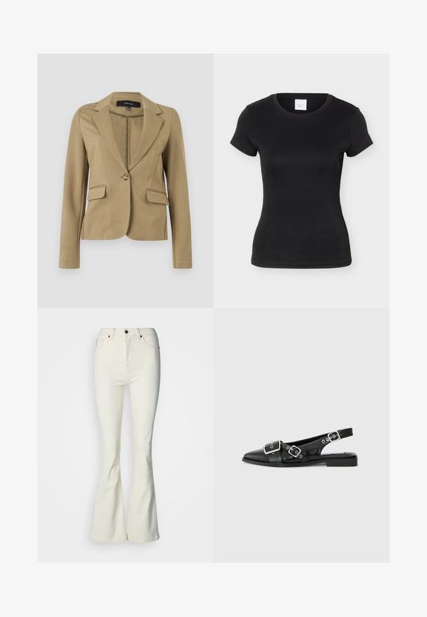 Blazer beige sur mesure à manches longues, col à revers, fermeture à un bouton et deux poches à rabat, présenté sur un fond uni.; T-shirt noir moulant à manches courtes avec col rond, uni à l'avant et une étiquette blanche à l'intérieur du col.; Jean blanc évasé en denim, doté d'une fermeture par bouton, de cinq poches et d'une texture lisse. Le modèle comprend une légère élasticité.; Chaussure slingback en cuir noir avec un bout pointu, deux boucles en argent et un petit talon carré. Présente un dessus texturé et un dos ouvert.
