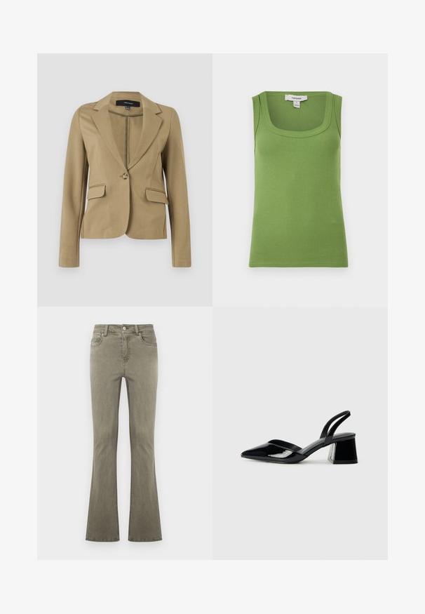 Blazer beige sur mesure à manches longues, col à revers, fermeture à un bouton et deux poches à rabat, présenté sur un fond uni.; Débardeur vert côtelé sans manches avec encolure carrée et étiquette de la marque Topshop à l'intérieur du col.; Jean droit vert olive avec fermeture à boutons sur le devant, passants pour ceinture et design cinq poches, présenté sur un fond uni.; Escarpins en cuir verni noir avec bout pointu et talon bloc géométrique. Présente un design élégant et minimaliste ainsi qu'une texture lisse.