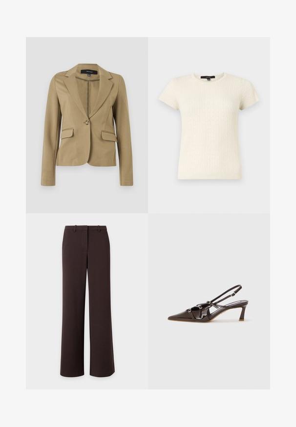 Blazer beige a medida con mangas largas, cuello con solapas, cierre de un botón y dos bolsillos con solapa, mostrado sobre un fondo liso.; Top de punto crema de manga corta con textura acanalada y pequeño patrón de puntos perforados, escote redondo y silueta ajustada.; Pantalones de pierna ancha en marrón oscuro con trabillas para el cinturón y cierre frontal oculto, mostrados extendidos sobre un fondo blanco.; Tacón slingback de charol marrón con punta afilada, correas ajustables y hebillas decorativas en la parte frontal. Altura del tacón de 3 pulgadas.