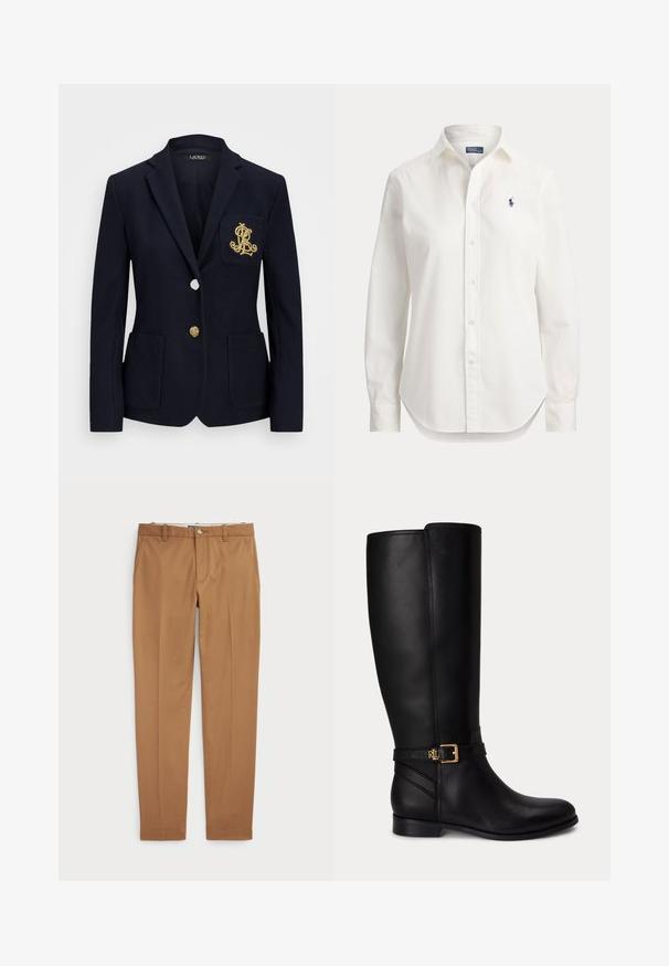 Blazer marinero con tejido texturizado, herrajes dorados, cierre de un solo botón y un bolsillo en el pecho con un logotipo bordado.; Camisa blanca de manga larga con botones, cuello y pequeño logo azul de jugador de polo en el pecho izquierdo.; Pantalones de algodón marrón con un diseño ajustado, parte delantera plana y bolsillos estándar; textura suave y puños dobladillos.; Bota negra de cuero hasta la rodilla con tacón bajo, hebilla dorada y pequeño logo en relieve en la correa lateral.